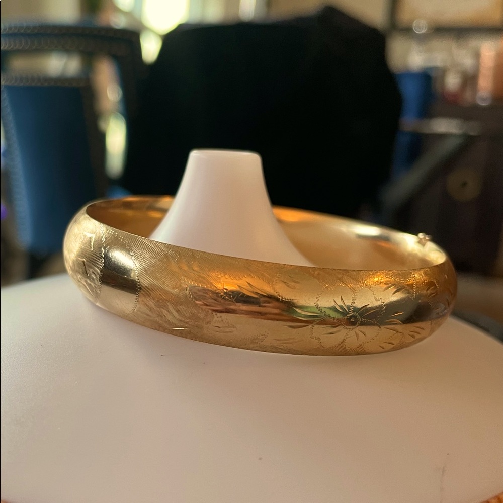 14K Gold Bangle with Flower Etching